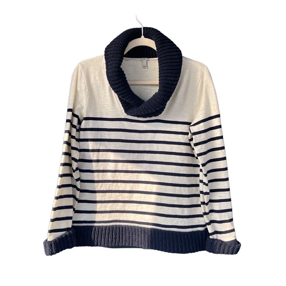 S2 J. Crew Cream Blue Stripe Sweater Cowl Neck Top Size Small
